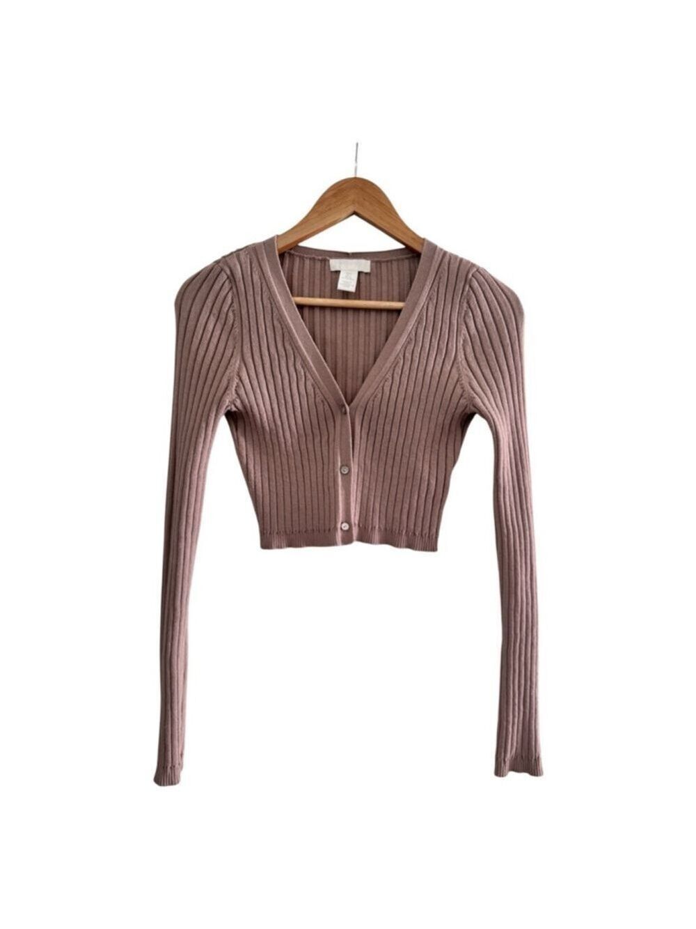 H&M Rib Knit Cropped Cardigan Dusty Nude Button Front